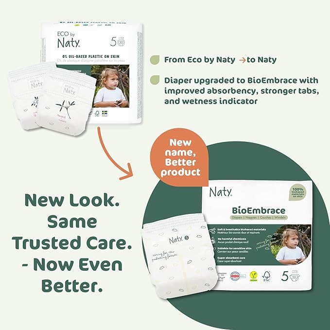 Naty BioEmbrace Baby Diapers | Sensitive Skin Safe Certified | Leak Protection up to 100% | Plant-Based Softness, Premium Comfort | Chlorine-Free | Size 5 (24–55 lbs), 80 Count