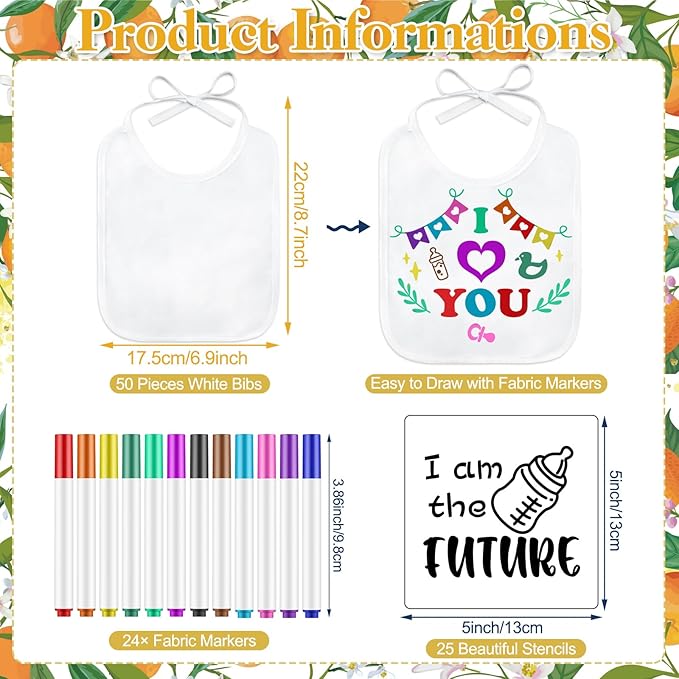 Panitay 100 Pcs DIY Baby Bibs Decorating Kit 50 White Bibs 25 Stencils 24 Markers 1 Baby Shower Game Sign