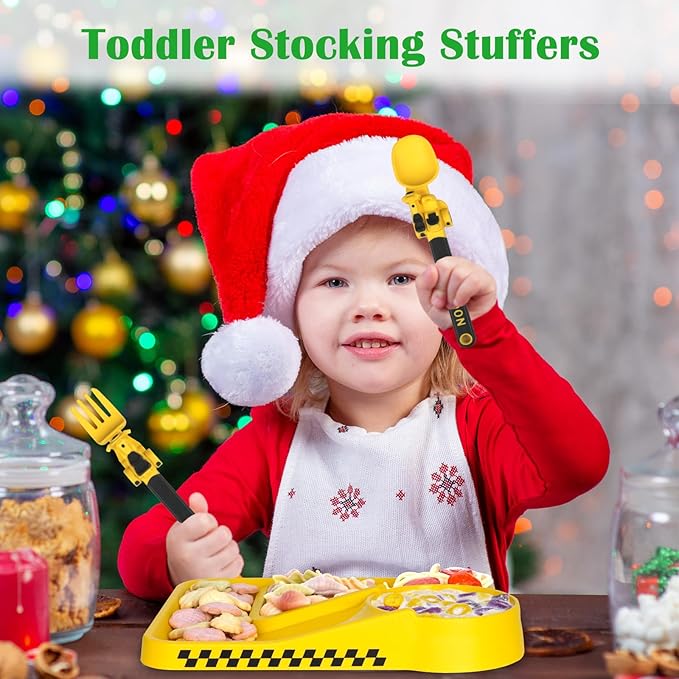 Construction Utensils for Toddlers - Motorcycle Toddler Forks - for Utensils Gift - Forks and Spoons Silverware Set - Ideal for School Lunch, Travel, Outdoors - Yellow