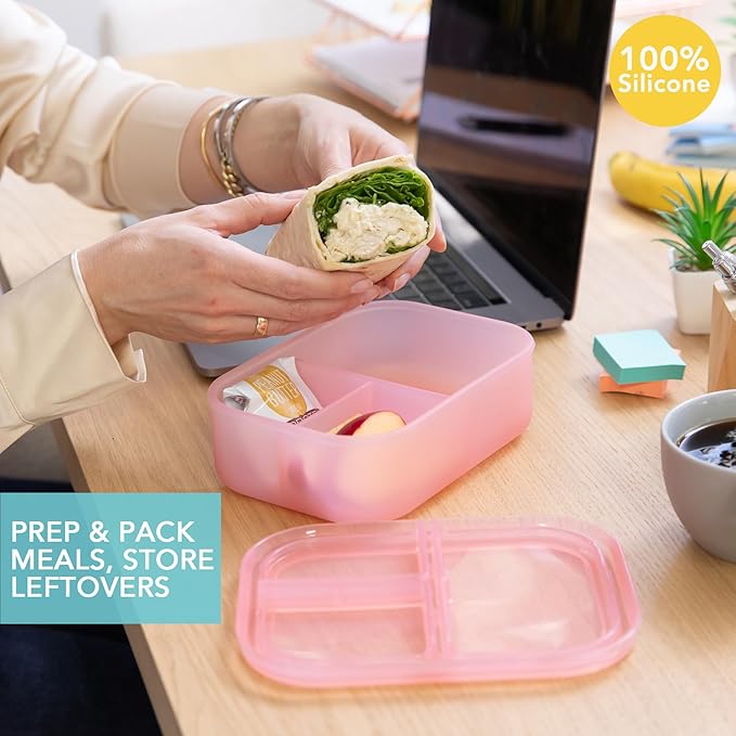 Bumkins - Silicone Bento Box - 3 Sections & Leak-Proof Lid - Food Safe - Set of 2 - Washable, Microwave, Freezer & Dishwasher Safe - Blue & Green