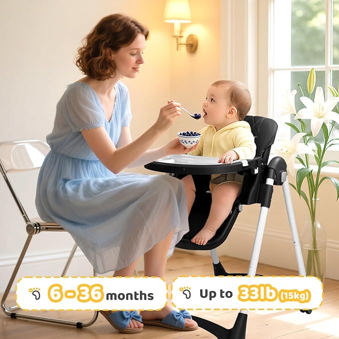 JOYMOR Foldable Baby High Chair, 4 in 1 Convertible Highchair for Eating, Height Adjustble and Multiple Seat Position, Compact Foldable Design for Easy Storage (Black)