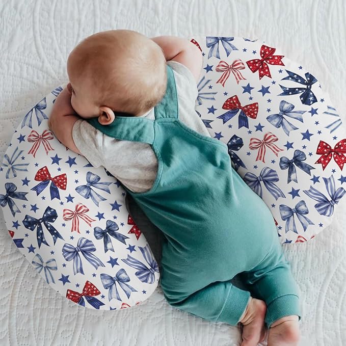Red White & Blue Bows Nursing Pillow Covers for Boy Girl Patriotic Ribbons Stars Nursing Slipcovers for Breastfeeding Pillows Cute 4th of July Party Soft Stretchy Removable Cover for Newborn Infant