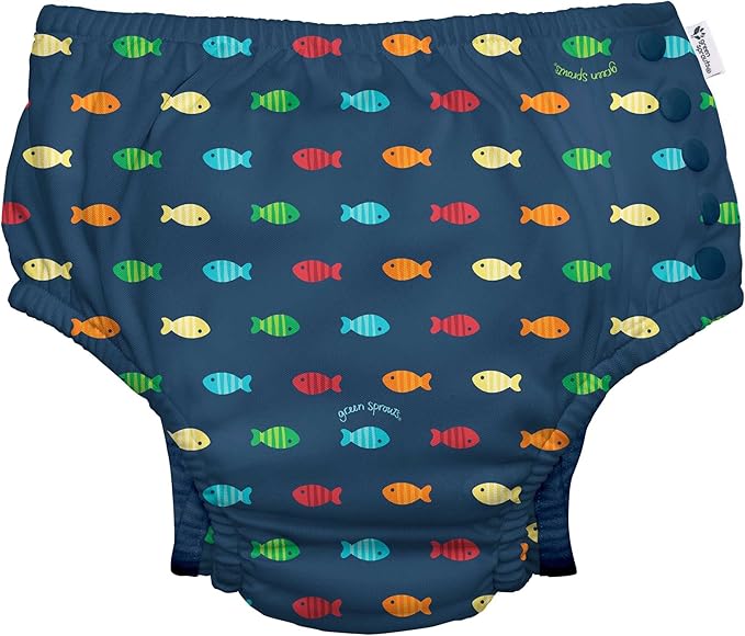 i play. by green sprouts Reusable, Eco Snap Swim Diaper with Gussets, UPF 50, Patented Design, STANDARD 100 by OEKO-TEX Certified - Navy Fish Geo, 6 mo