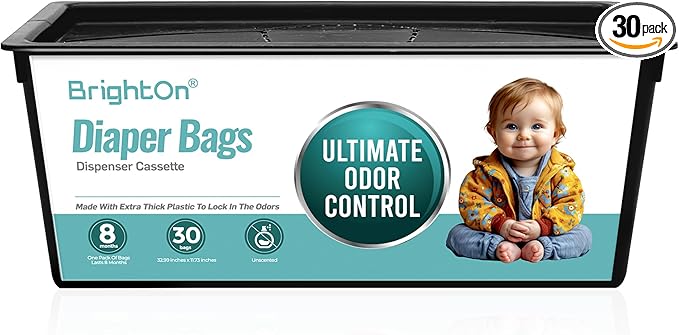BrightOn® Diaper Pail Refill Bags, 30 Bags Per Refill, Compatible with Genie Easy Roll Signature Diaper Pails, Holds Up to 1410 Newborn Diapers, Real 7 Layer Odor Barrier, Unscented, 1PACK (30 Bags)