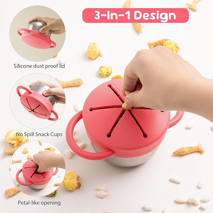 Bufilea Snack Containers for Toddlers, Stainless Steel Toddler Snack Cups with Silicone Food Catcher & Lids,Snack Cups for toddlers Spill Proof (RosePink Creamy, Pack of 2)
