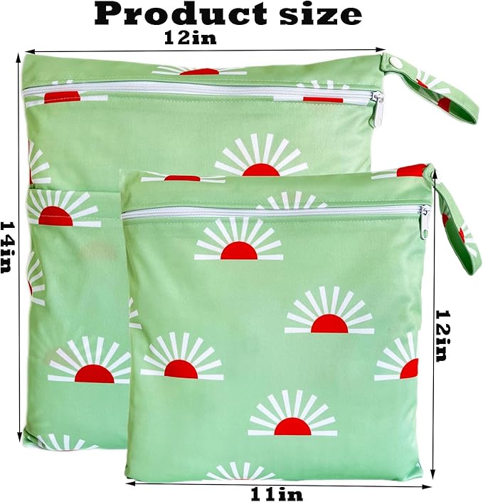 Wet Dry Bag for Cloth Diapers, 2PCS Waterproof Reusable Wet Bag with Zippered Pockets, Washable, Reusable for Travel, Beach, Pool, Stroller, Diapers, Dirty Gym Clothes, Swimsuits, 14x12In & 12x11In