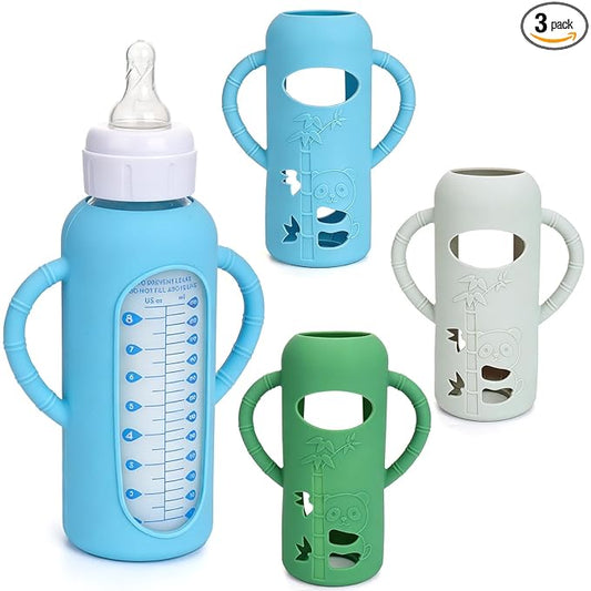 3 Pack Silicone Sleeves for Dr. Brown's Glass Bottles 8 OZ - Anti Breakage Baby Bottle Holder, Compatible with Dr. Brown's Glass Bottles for Babies with Handle (Other Products Cannot be adapted)
