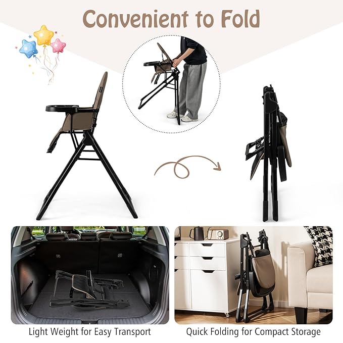 BABY JOY Foldable High Chair, Portable Highchairs for Babies and Toddlers with 3-Position Adjustable Tray & Footrest, Removable Seat Cushion, 5-Point Safety Harness, Space Saving Design (Coffee)