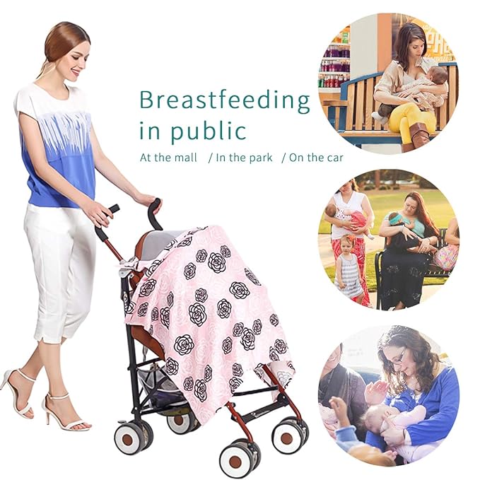 SONARIN Stylish Premium Breastfeeding Nursing Covers,Flower Pattern,with Storage Bag & Towel Corners,4 in 1 Multifunction,Nursing Scarf,Breathable & Lightweight(Pink)