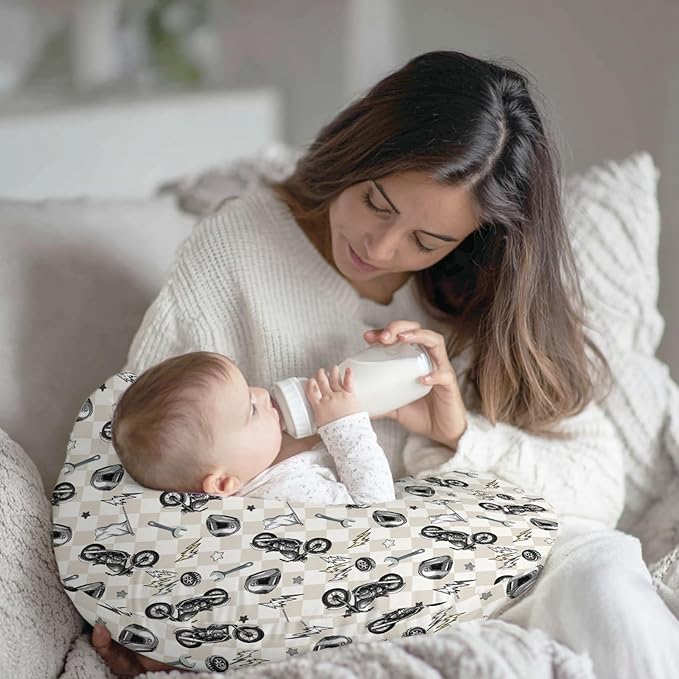 Cute Motorcycle Flag Plaid Nursing Pillow Cover Stretchy and Soft for Baby Girls Boys Motor Bikes Stars Breastfeeding Pillow Slipcovers for Race Vehicles Standard Nursing Pillows for Newborn