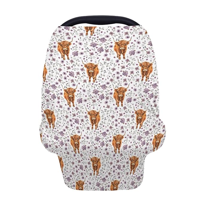 5-in-1 Unisex Western Farm Animals Cow Pattern Baby Carseat Stroller Cover for Boys Girls, Highland Cow Flowers Infant Toddler Privacy Nursing Breastfeeding Canopy, Grocery Shopping Cart Cover-24x28