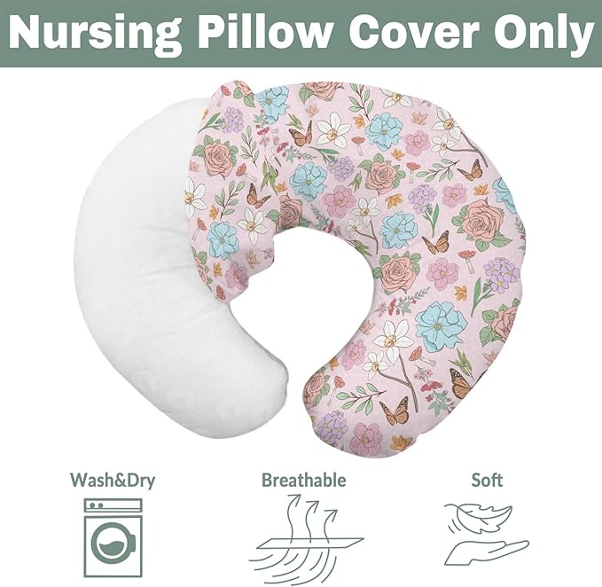 Vintage Wildflowers Baby Nursing Pillow Covers for Boy Girl Pink Floral Leaves Mushroom Butterflies Nursery Pillowcase for Breastfeeding Pillows Spring Garden Soft Stretchy Slipcovers for Newborn