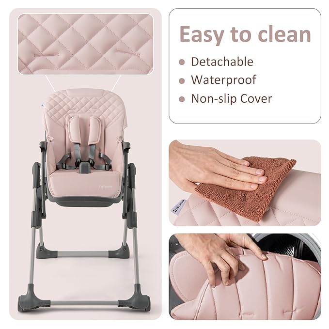 INFANS Baby High Chair, Convertible Quick Folding Portable Highchair for Babies and Toddlers with Adjustable Height Backrest Footrest 2 Wheels Removable Tray, Easy to Clean PU Seat