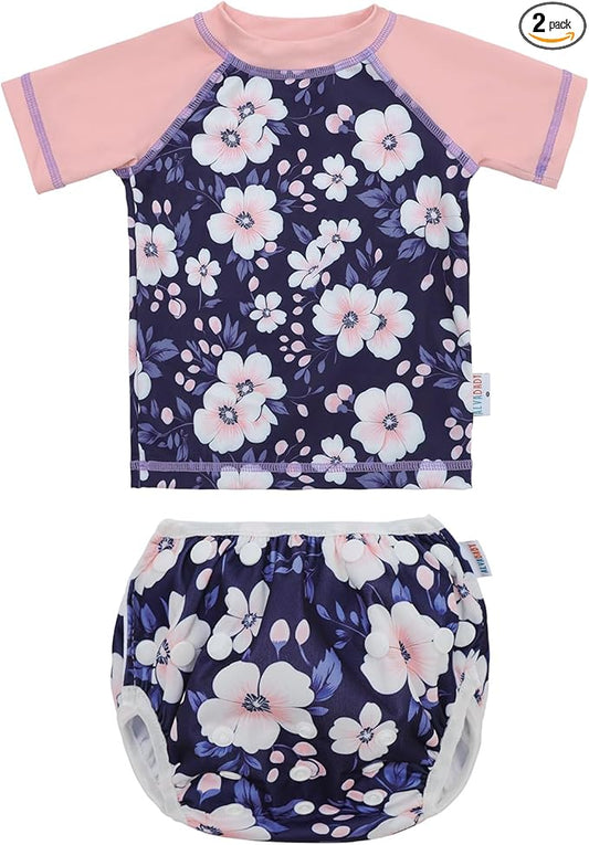 ALVABABY Baby Girl Swimsuit, 2-Piece Infant Toddler Bathing Short Sleeve Swimwear, Large Baby Reusable Swim Diaper with Matching Top
