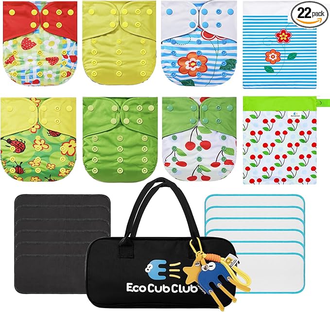 Reusable Washable Cloth Diapers 6pcs for Baby Shower,Leak-Proof Double Gussets Quick-Dry AWJ Lining,12 Soft Fleece Inserts & 2 Wet Bags,Packed in Durable Travel Handbag&Key Chain | B-10-A
