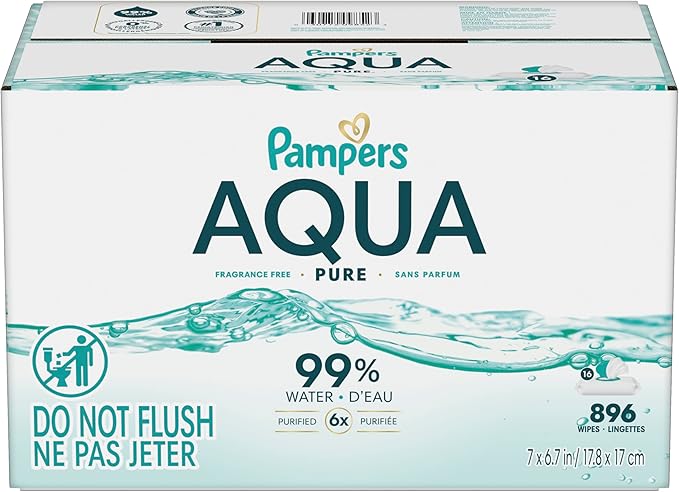 Pampers Aqua Pure Baby Wipes, 99% Water, Fragrance Free, 896 Baby Wipes Total (16X Flip-Top Packs) [Packaging May Vary]