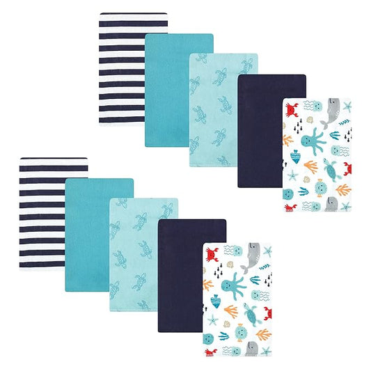 Hudson Baby Unisex Baby Cotton Flannel Burp Cloths, Sea Characters, One Size