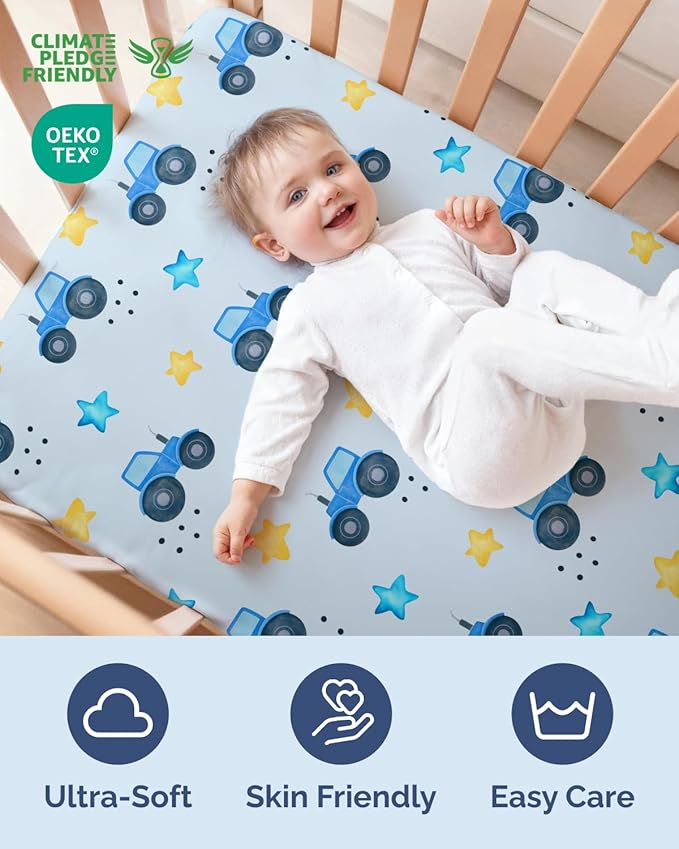 Baby Crib Sheets for Boys & Girls - Pack of 2 Fitted Microfiber Crib Sheets for Standard Crib & Toddler Mattress - Soft, Breathable & Wrinkle Free - Machine Washable, Oeko Tex - 52x28x8in - Night Farm