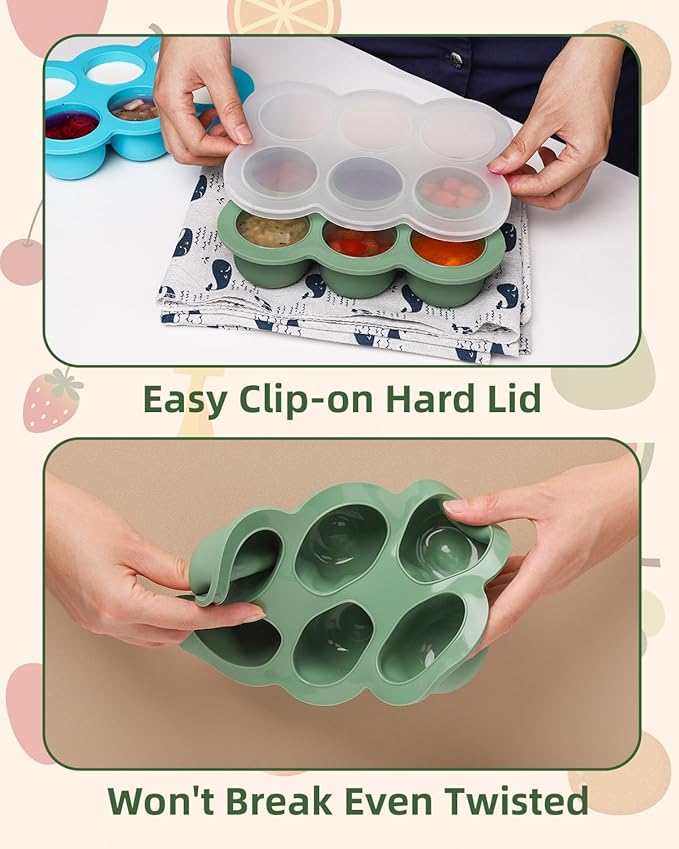 Baby Food Freezer Tray with Lid, 6 x 3 Ounce Silicone Freezer Molds Storage Container for Homemade Baby Food, Breast Milk, Fruit Puree & Vegetables (Green)
