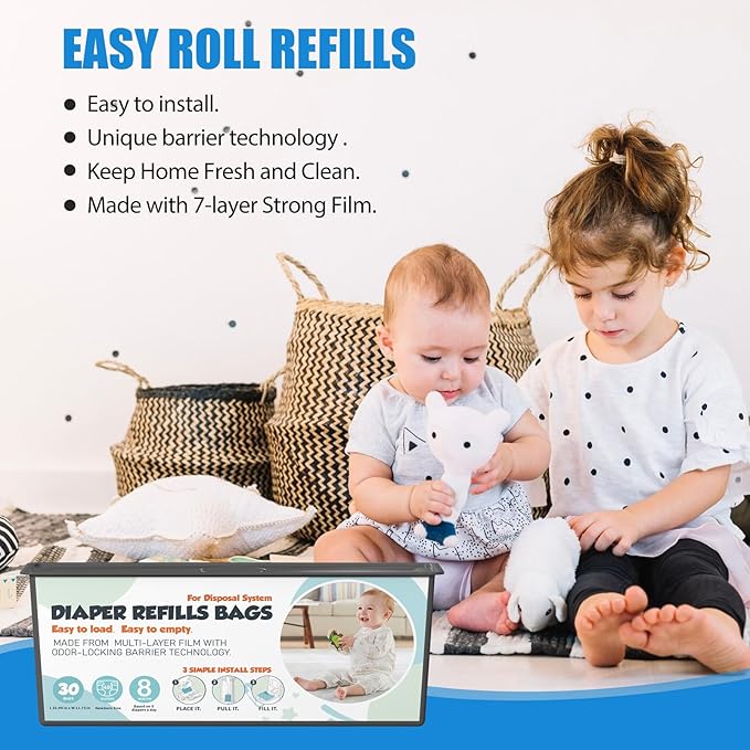 Diaper Pail Refills Bags with 30 Bags (Baby Powder Scent) Compatible with Genie Easy Roll Signature and Platinum Diaper Pails, 7-Layer Odor-Barrier Technology 3 Pack (90 Bag)