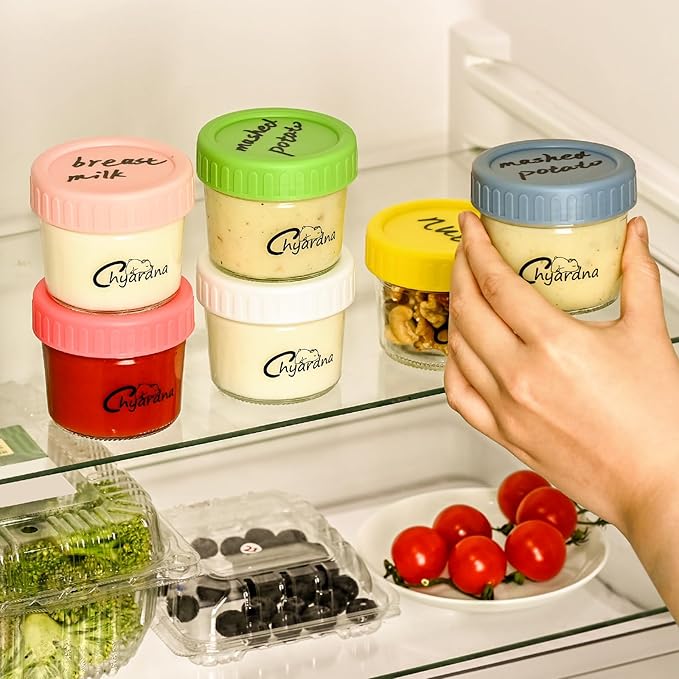 6 Pack Glass Baby Food Storage Containers, 4 oz Leakproof Baby Food Jars with Lids,Freezer & Microwave Safe, BPA Free