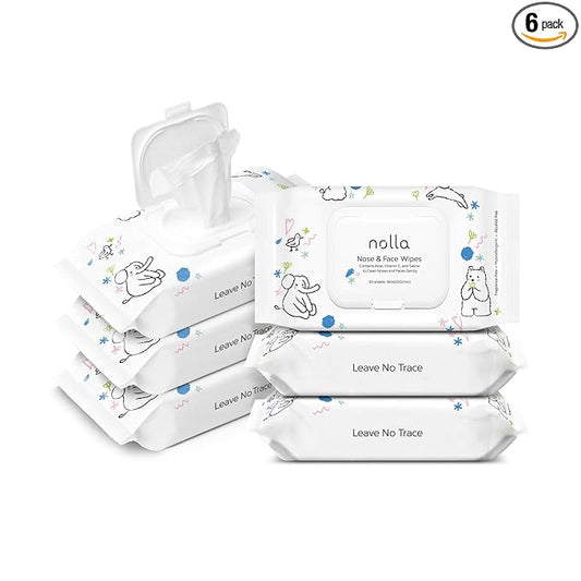 Nolla Nose and Face Wipes for Babies & Kids with Saline, Vitamin E, & Aloe | Unscented | Compostable, 180 Count (6 Packs of 30)