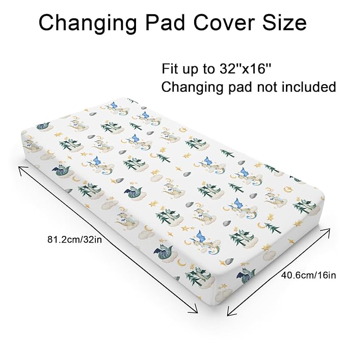 Cartoon Fairy Tale Dragon Moon Stars Clouds Trees Changing Pad Covers Watercolor Dragons Diaper Changing Table Cover Sheets for Boy Girl Soft Stretchy Snug Fitted Baby Changing Pad Mats 32''x16''