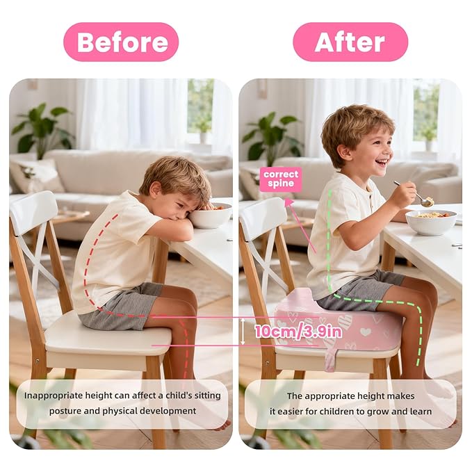 Toddler Booster Seat for Dining Table Kitchen Chair, Kids Booster Seat with Non-Slip Bottom and Adjustable Straps, 4" Detachable Washable Portable Travel Increasing Cushion (Hearts)