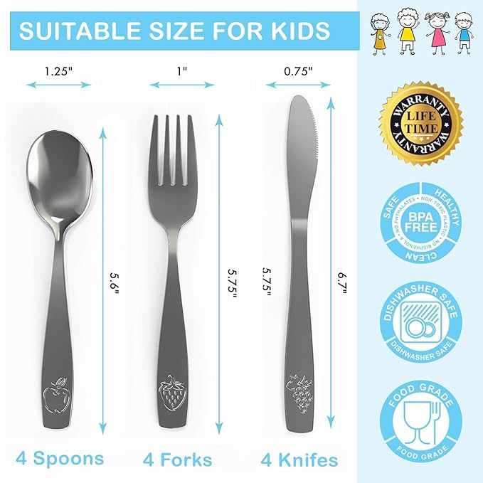 6 Piece Stainless Steel Kids Silverware Set - Child and Toddler Safe Flatware - Kids Utensil Set - Metal Kids Cutlery Set Includes 2 Small Kids Spoons, 2 Forks & 2 Knives