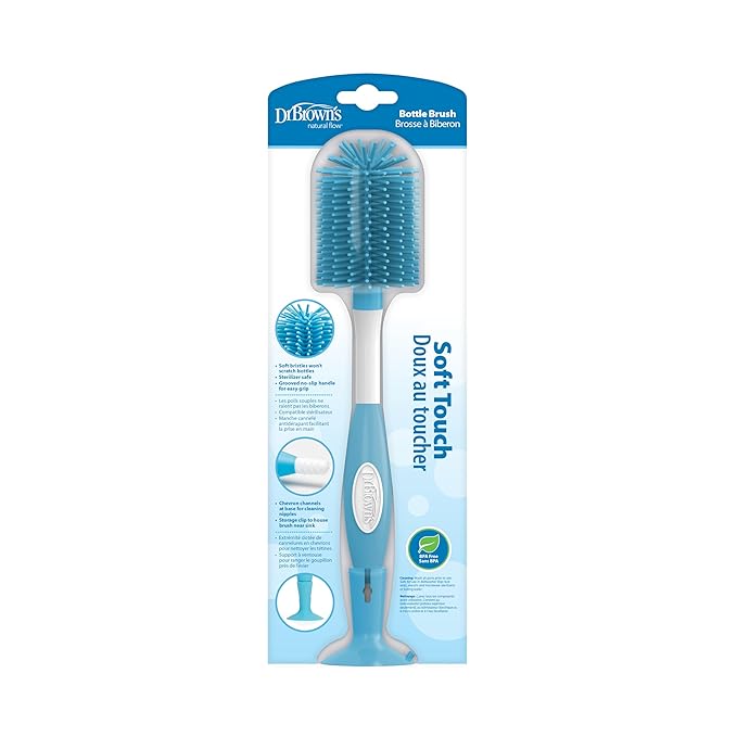 Dr. Brown's Anti-Colic Breast to Bottle Feeding Set with Slow Flow Nipples, Travel Caps, and Silicone Pacifier - Gray & Soft Touch Bottle Brush, Blue