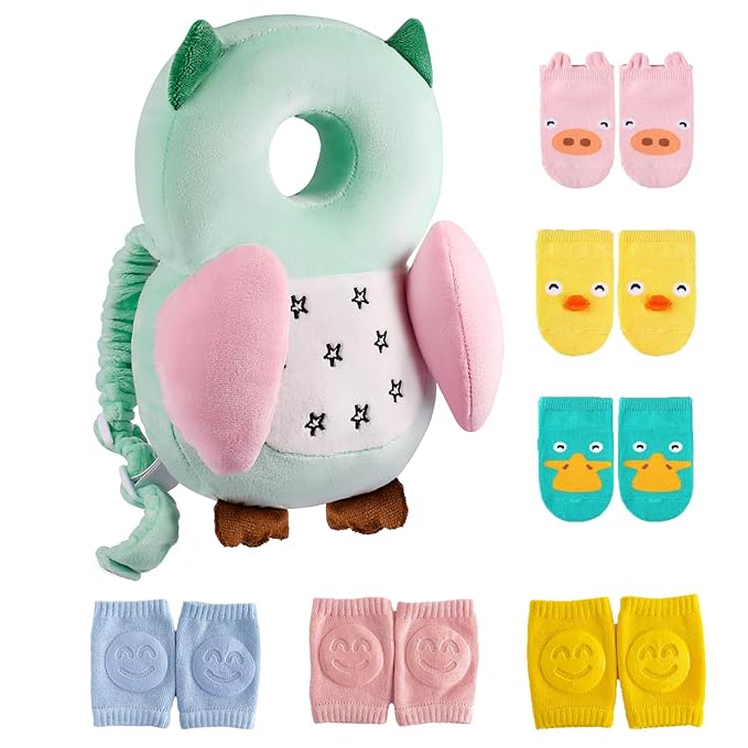 Baby Toddler Walker Head Protector Backpack Adjustable Wear Head Protection Safety Pad Backpack with 3 Pairs Knee Pads & 3 Pairs Socks Walking & Crawling Cute Owl MTY HX WZ S7