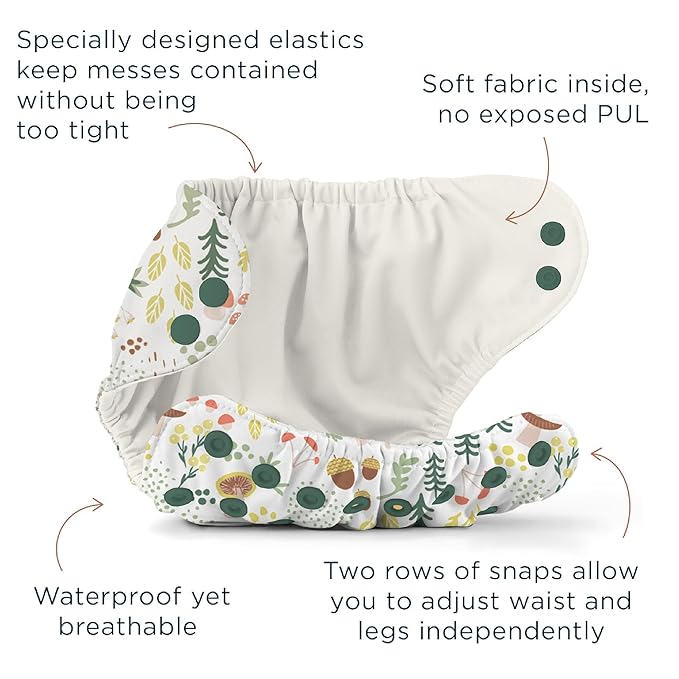 Esembly Cloth Diaper Bundle Set - 3 Organic Cotton Absorbent Inners and 1 Waterproof Outer Diaper Cover - Reusable, Washable, Snap Closure Cloth Diapers - Size 1 (7-17lbs), Fantastic Fungi