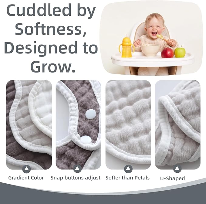 MUKIN Baby Muslin Bibs and Burp Cloths, 6 Pack, Soft Absorbent Cotton, Adjustable