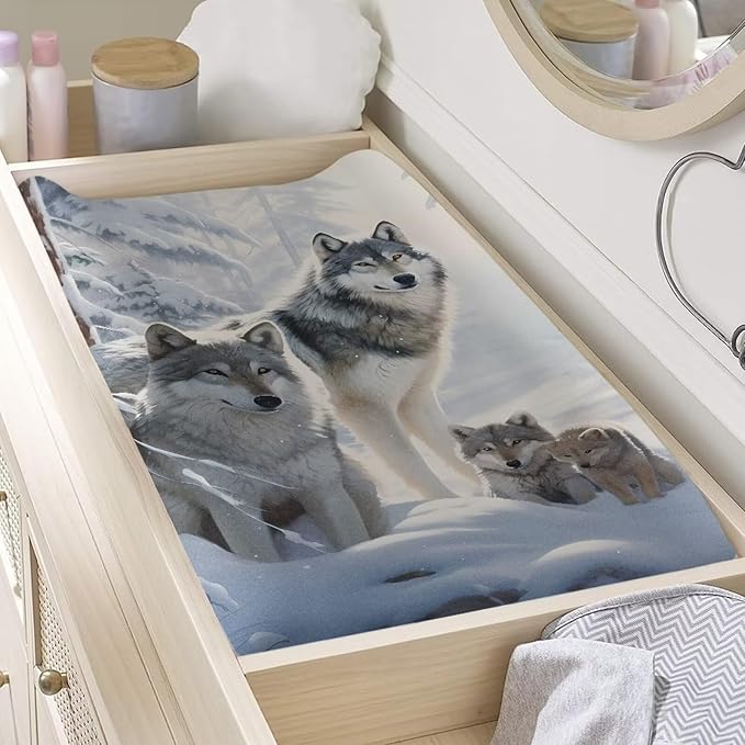 Wild Wolf Changing Pad Covers for Baby, Snow Diaper Changing Table Covers for Newborn Boys, Soft and Breathable Changing Table Sheets,Nursery Changing & Dressing Furniture