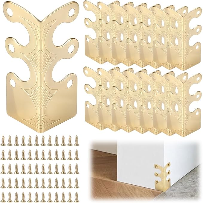 CRASPIRE 16Pcs Baseboard Corner Protectors Vintage Metal Rustic Decorative Guards Skirting Board Golden Safety Bracket with Screws for Wood Furniture Table Wall Edge Cover File Boxes Bookshelves