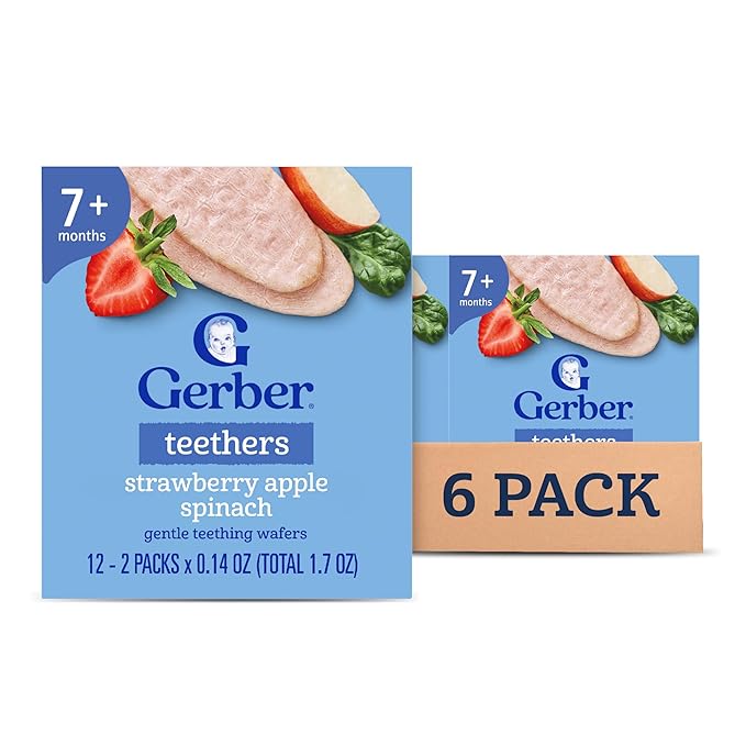 Gerber Teethers, Strawberry Apple Spinach Gentle Teething Wafers, Baby Teething Snacks, 6PK