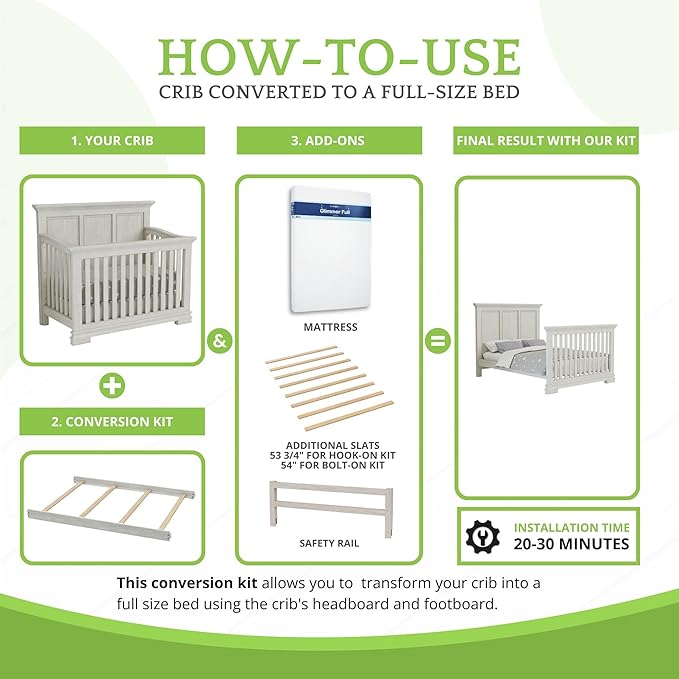 Full-Size Conversion Kit Bed Rails for Oxford, Soho, Ozlo & Avalon Baby Convertible Cribs - Solid Wood - Toddler & Adult Rail for Full-Size Bed - Nursery & Baby Furniture (Antique Silver, Hook-On Kit)