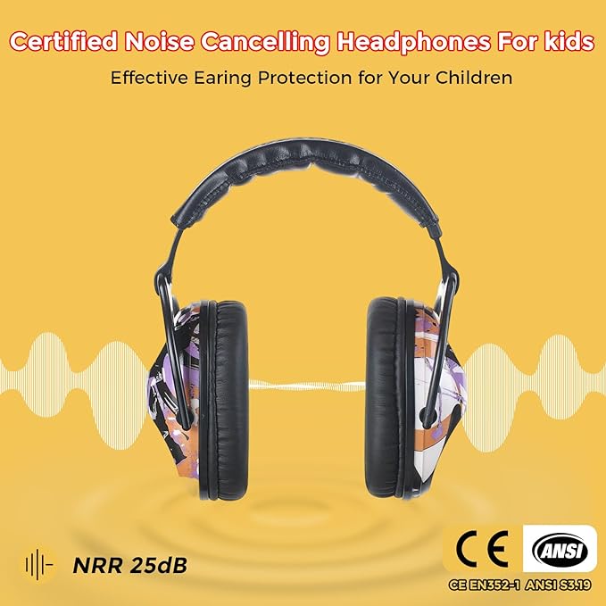 Kids Hearing Protection,25dB NRR Noise Reduction,Sound Proof for Kids,Toddler,Safety Earmuffs for Concert,Airplane,Autism,Monster Jam,Travel,School- Purple Graffiti