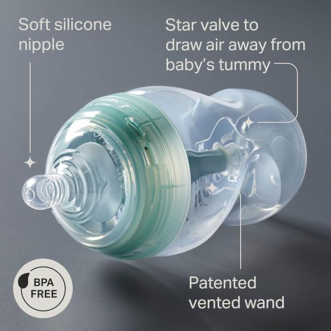 Tommee Tippee Advanced Anti-Colic 9 oz BPA Free Baby Bottles, Newborn 0+ Months, Slow Flow Breast-Like Nipple, Unique Design Keeps Air Away from Milk and Baby, Pink and Purple, Pack of 2