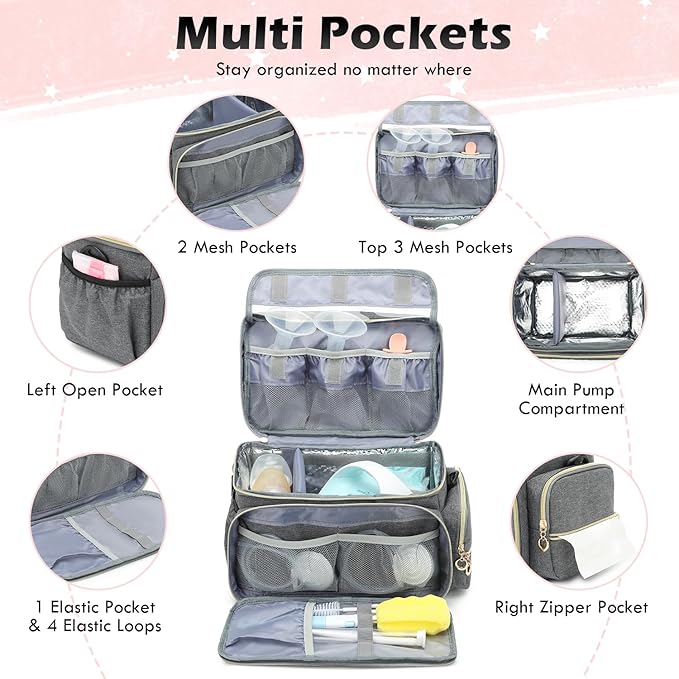 Breast Pump Bag Fit for Spectra S1 and S2 - Pumping Bag with Ice Pack & Waterproof Mat, Portable Breast Pump Storage Bag for Work, Travel and Family Use, Grey
