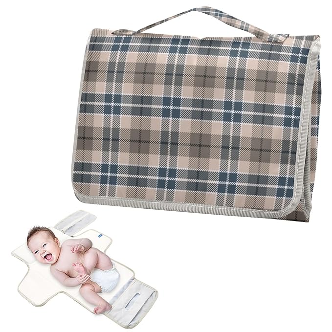 Brown Plaid Checkered Portable Diaper Changing Pad with Wipes Holder, Geometric Gingham Foldable Baby Diaper Changer Travel Bag Rustic Baby Changing Mat with Built-in Pillow for Newborn