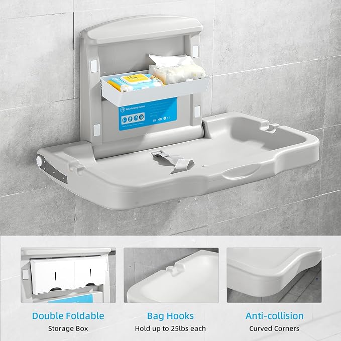 Horizontal Baby Changing Station, Wall Mounted HDPE Fold-Down Diaper Changing Table for Commercial Bathrooms, Daycare, Restaurants & Hotels, Safety Strap, 2 Liner Dispensers, White Granite