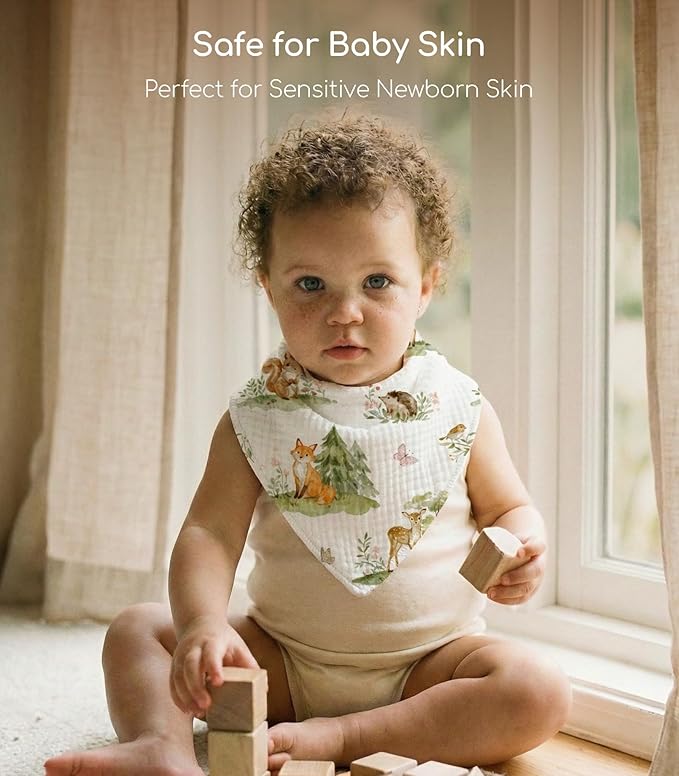 Muslin Baby Bibs 8 Pack, Baby Bandana Drool Bib for Drooling and Teething, Cotton Soft Absorbent for Girls Boys (Sage Green Jungle Animals)