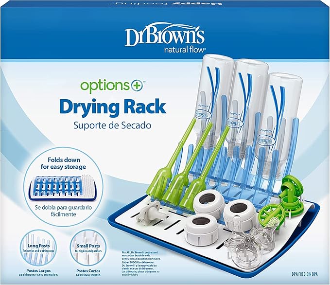 Dr. Brown's Universal Baby Bottle and Accessory Drying Rack with Reusable Sponge Baby Bottle Cleaning Brush Set and Anti-Colic Options+ Baby Bottles 8 oz, 0m+ Level 1 Nipple, 4 Pack