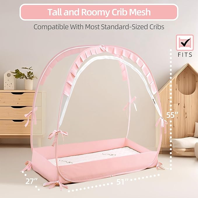 Lazyzzzz Crib Tent - Pop Up Crib Canopy with Double Zipper Self-Locked, Mosquito Net Mesh Crib Net to Keep Baby from Climbing Out, Portable Easy Install 55" L x 27" W x 51" H Pink