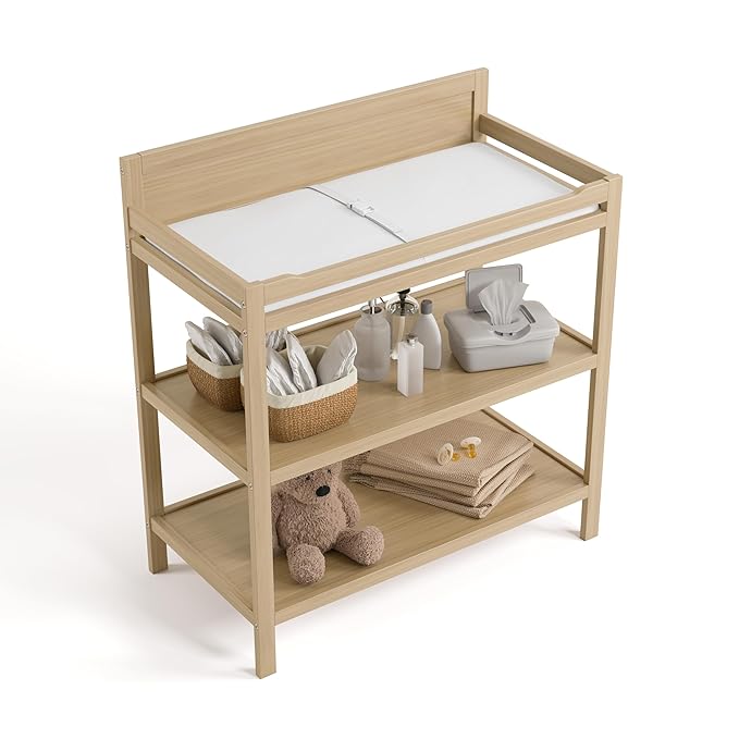 Storkcraft Alpine Changing Table (Driftwood) - Includes Water Resistant Changing Pad with Safety Strap, 2 Open Shelves for Storage