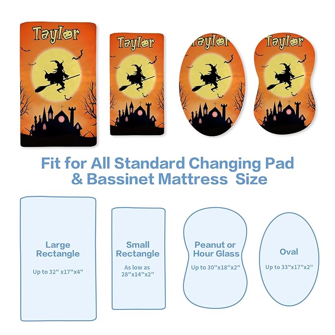KAINSY Personalized Halloween Changing Pad Cover, Custom Diaper Change Table Sheets with Name, Witch Print Soft Jersey Knit Change Table Sheets for Toddler, 2 Pack Changing Pad Covers (16" x 32")