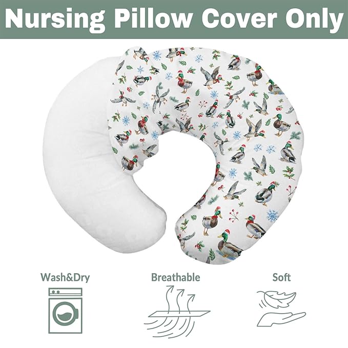 Christmas Mallard Ducks Baby Nursing Pillow Covers for Boy Girl Wild Ducks Cherry Fir Leaves Nursing Pillowcase for Breastfeeding Pillows Winter Hunting Duck Soft Stretchy Slipcovers for Newborn