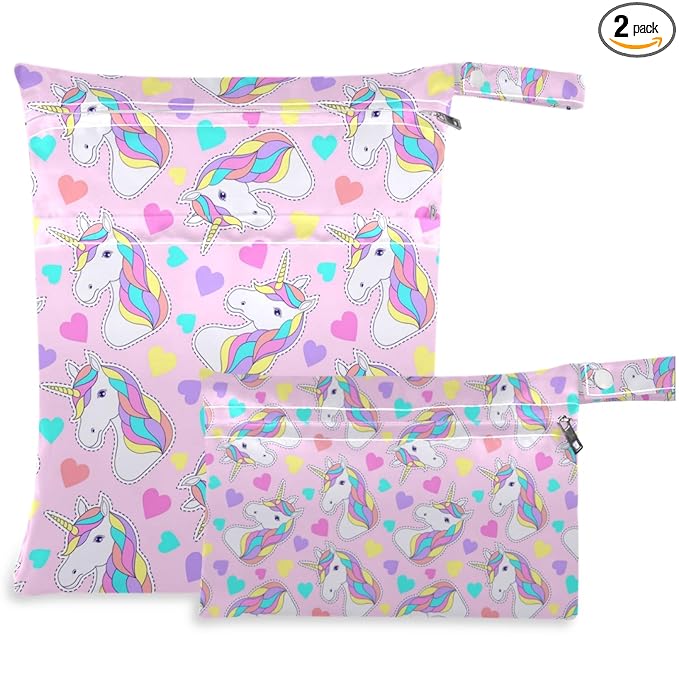 visesunny Cartoon Unicorn Colorful Heart 2Pcs Wet Bag with Zippered Pockets Washable Reusable Roomy for Travel,Beach,Pool,Daycare,Stroller,Diapers,Dirty Gym Clothes, Wet Swimsuits, Toiletries