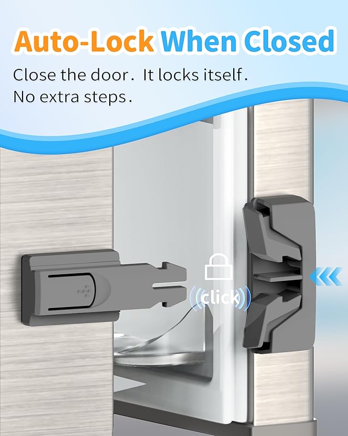 Yunkey Child Safety Fridge Lock — Auto-Lock Design, One-Hand Open & Self-Locking Close — Helps Keep Toddlers & Pets Out — 3M Strong Hold & Clean Removal | Gray, 2-Pack